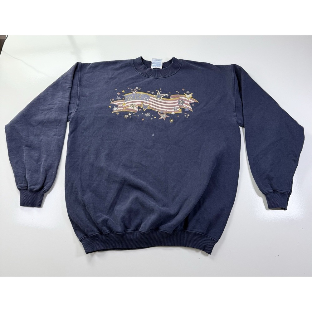 VTG Gildan USA‎ stars Stripes Sweatshirt Size M Navy Blue Patriotic Pullover